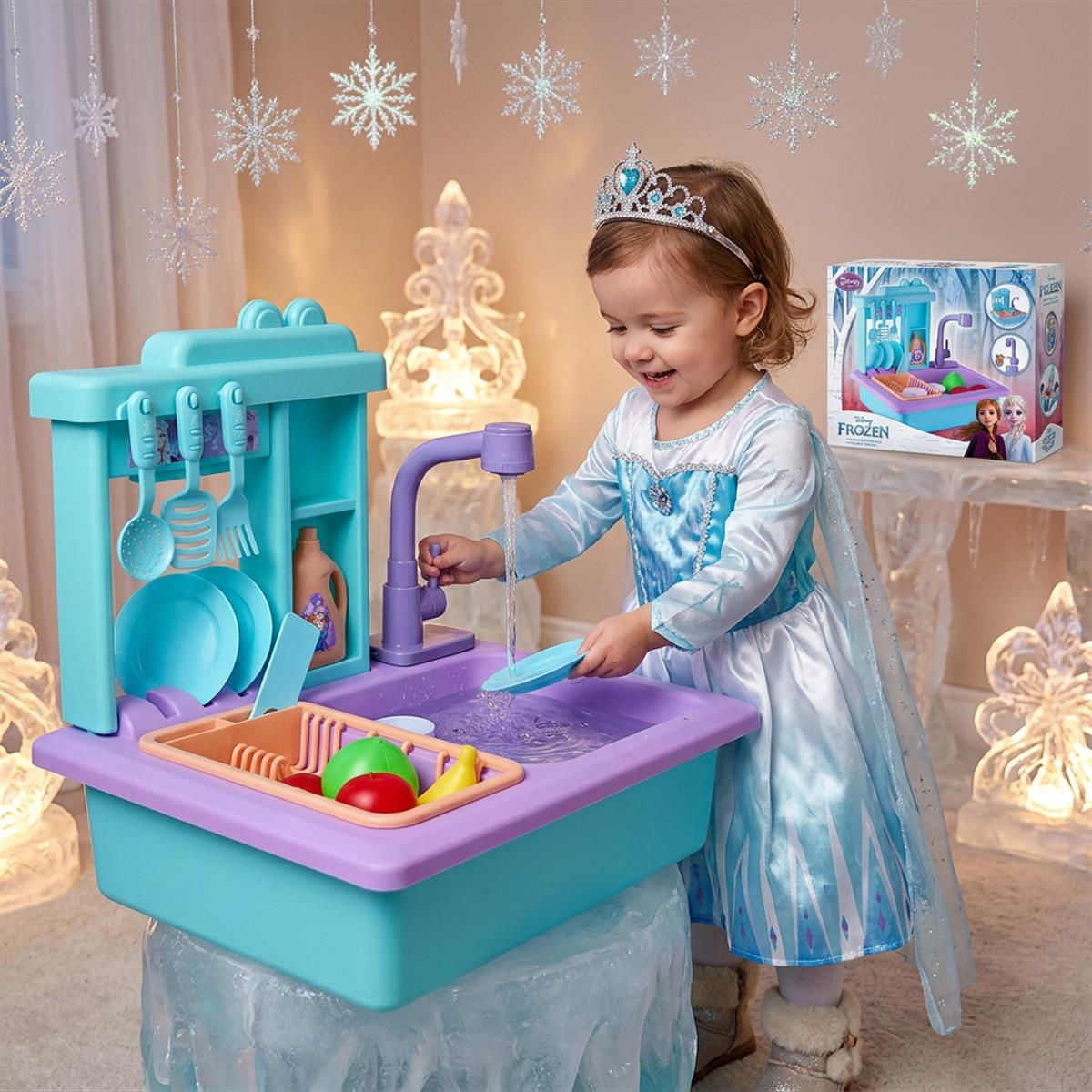 Kriiddaank Frozen Theme Kitchen Toy Set for Girls - Realistic Sink with Running Water, Electric Faucet, 22 Pcs Utensils & Accessories, Pretend Play Cooking & Baking Set for Kids Age 3+ (Turkish Blue)
