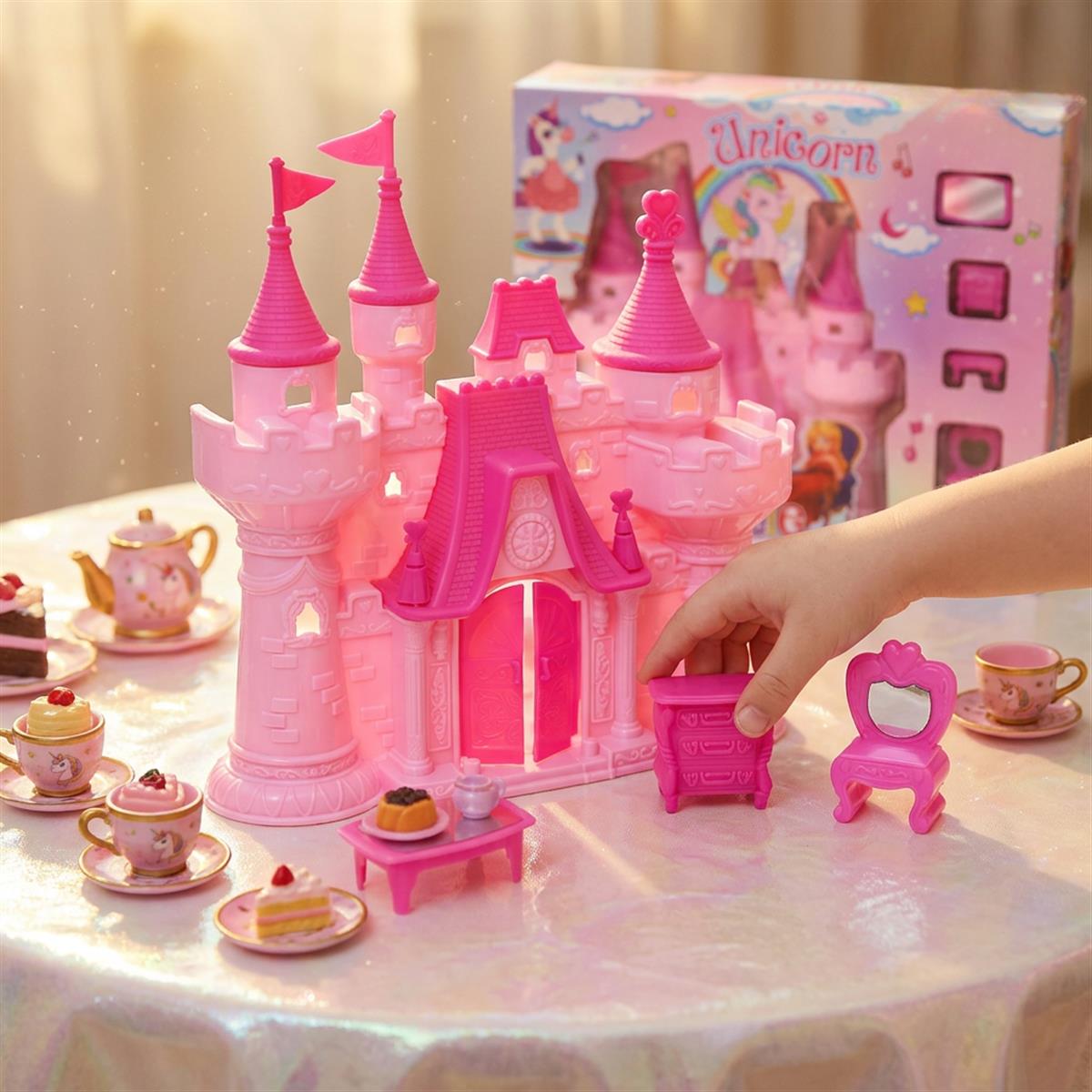 Portable Royal Castle Playset Unicorn Theme for Girls with Dollhouse Furniture, Mini Princess House Toy with Accessories, Educational Gift for Kids 3+ Years Old, Travel-Friendly & Safe