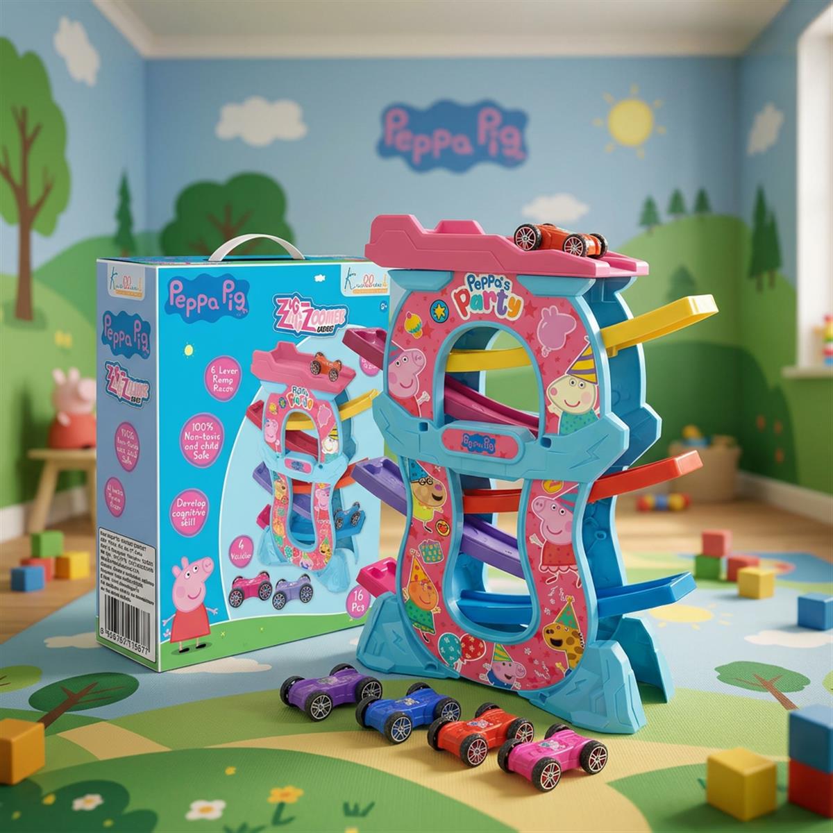 Peppa Zig Zag Zoomer Ramp Racer Car Track for Toddlers | 6-Level Racing Set with 4 Mini Vehicles | 15 Pieces Easy Assembly | Non-Toxic Educational Toy for Kids 3+ Years