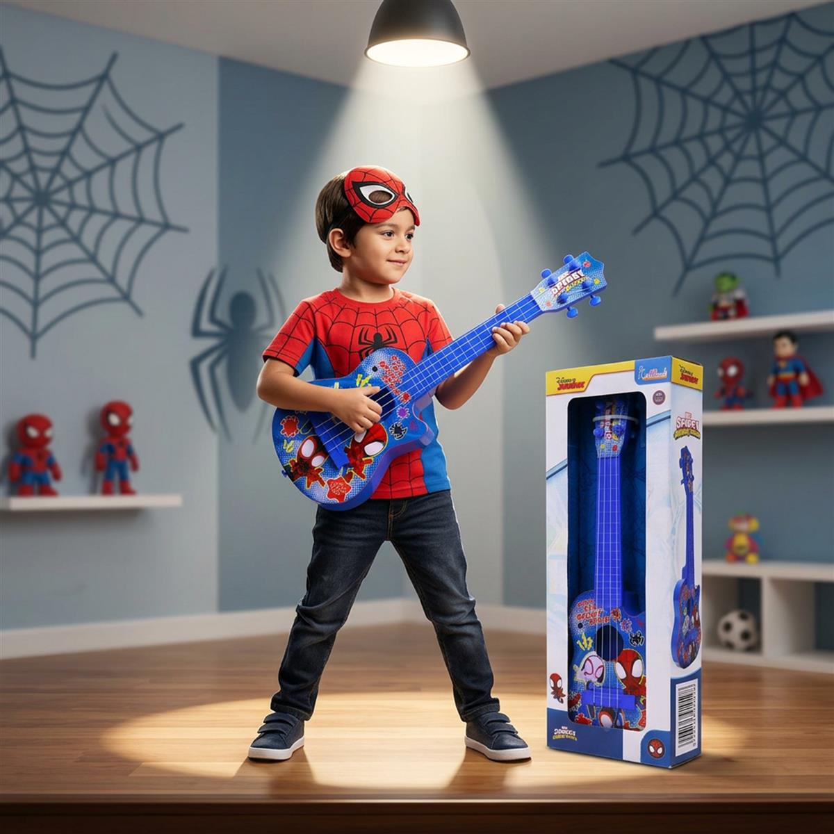 Spiderman 4-String Small Toy Guitar for Kids (3+ Years) - Adjustable String Tension, Fingerstyle Tab & Pick | Educational Musical Instrument for Boys | Portable & Safe Design, Blue