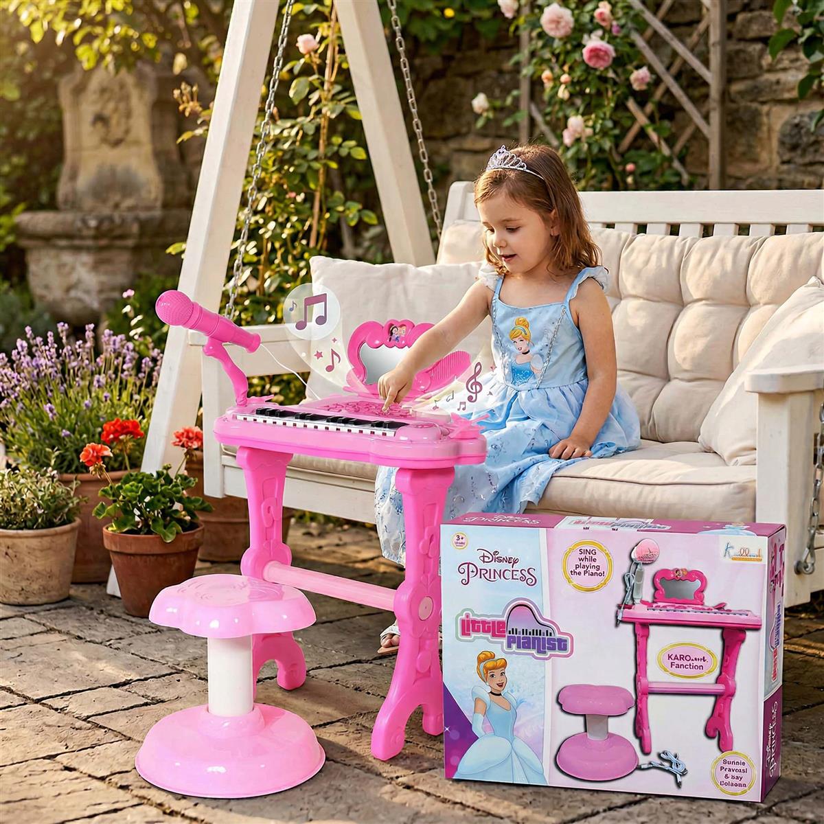 Disney Princess Little Pianist Keyboard Toy with Microphone & Stool - Karaoke Function, 25 Built-in Tunes, Dual Power Mode (USB/Battery) - Pink Musical Educational Gift for Girls Ages 3+
