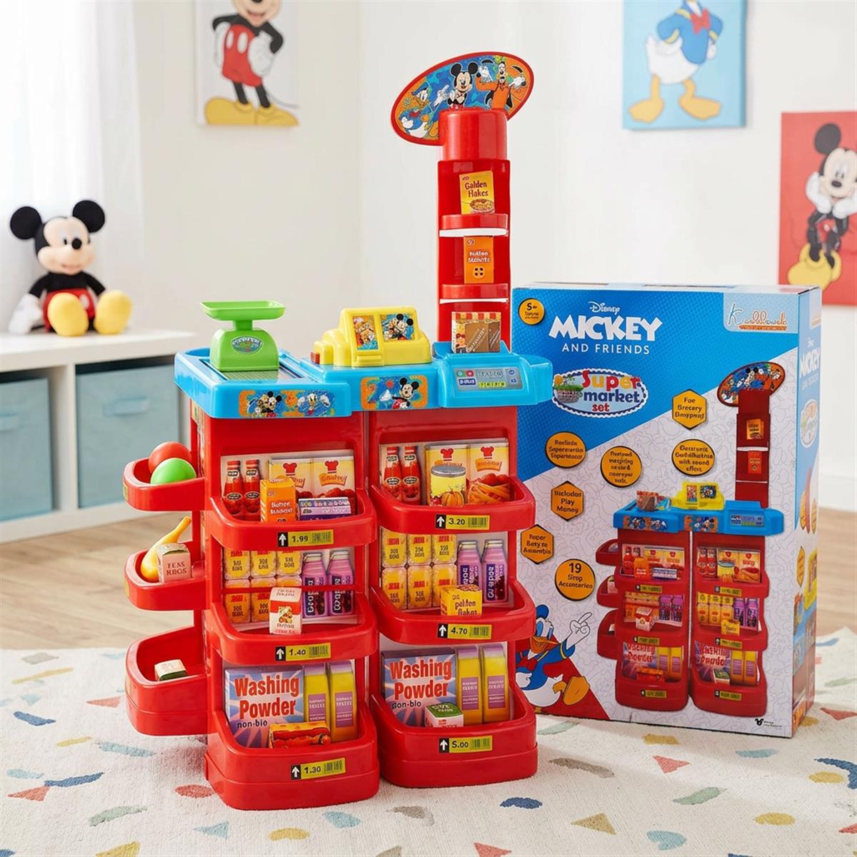 Disney Mickey Mouse Super Market Interactive Grocery Store Playset for Kids 5+ - Electronic Cash Register with Sound, Conveyor Belt, Play Money & 19 Shop Accessories - Educational Toy, Red
