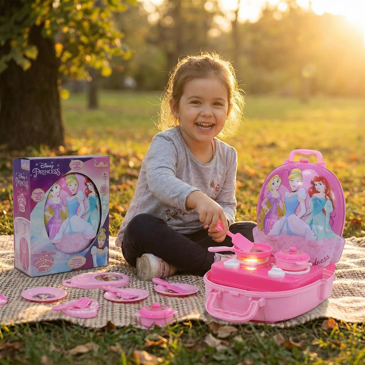 Disney Princess Backpack Kitchen Gift Set for Kids - 21 Pcs Pretend Play Cooking Toy with Music, 2-in-1 Portable Backpack Kitchen Set for Girls, Includes Accessories, Pink, Ages 3+