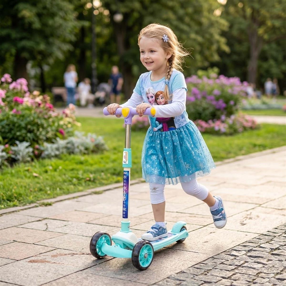 Kriiddaank Disney Frozen Adventure 3-Wheel Kick Scooter for Kids (3+ Years) - LED Light Up Wheels, Music, 3-Level Adjustable Height, Foldable Design, Anti-Slip Deck - 25kg Capacity, Turkish Blue