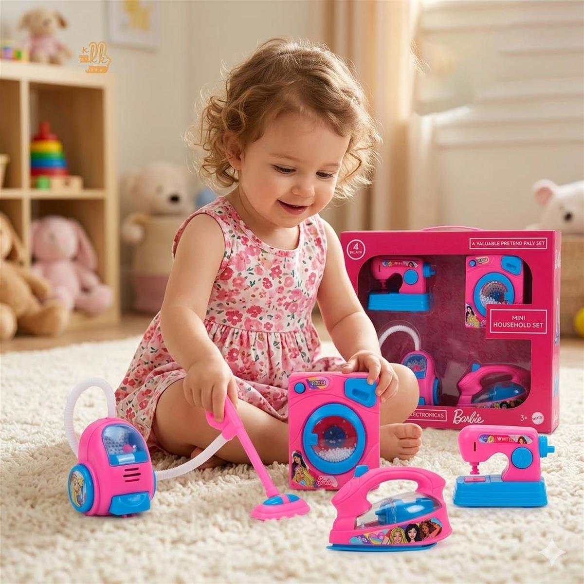Mattel Barbie Theme Household 4pc Role Play Set - Includes Mini Washing Machine, Vacuum Cleaner, Iron & Hair Dryer - Battery Operated with Lights, Educational Toy for Kids Ages 3+ (Pink)