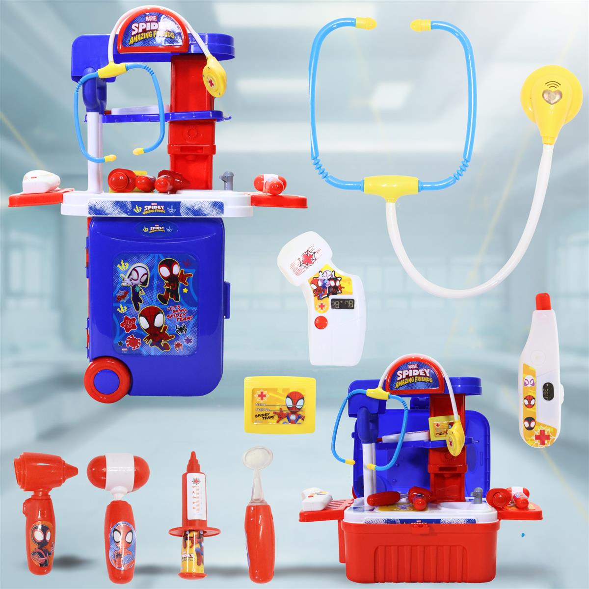 Kriiddaank Spiderman Theme Doctor Set for Kids - 9 Pcs Medical Equipment Trolley with Lights, Spidey-Inspired Role Play Toy, Heroic Doctor Kit for Boys & Girls 3+ Years, Portable Educational Playset