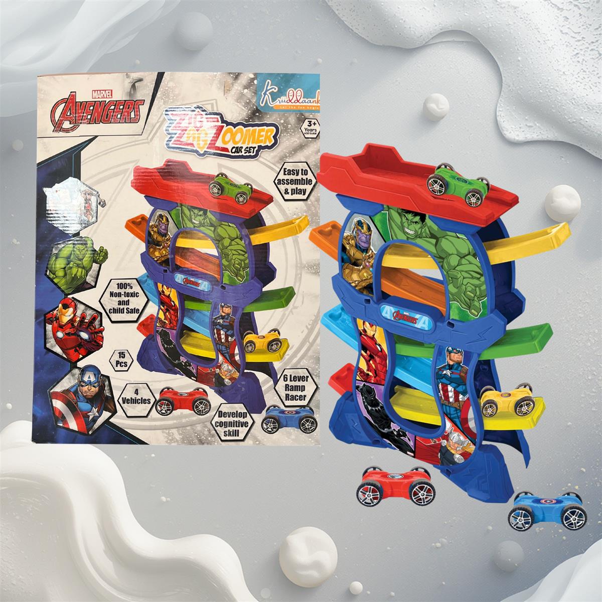 Avengers Zig Zag Zoomer Ramp Racer Car Track for Toddlers - 6-Level Lever Racing Set with 4 Mini Vehicles - 15 Piece Superhero Toy for Kids 3+ Years - Non-Toxic, Educational & Fun Development Toy