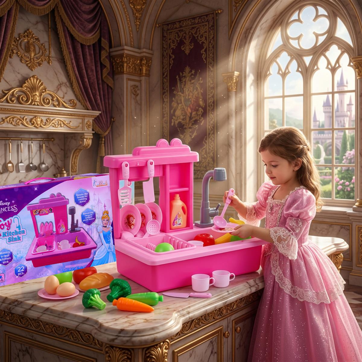 Kriiddaank Disney Princess Kitchen Toy Set for Girls with Running Water Sink, Electronic Kettle with Light & Sounds, 22-Piece Pretend Play Cooking & Baking Playset, Educational Toy for Kids 3+