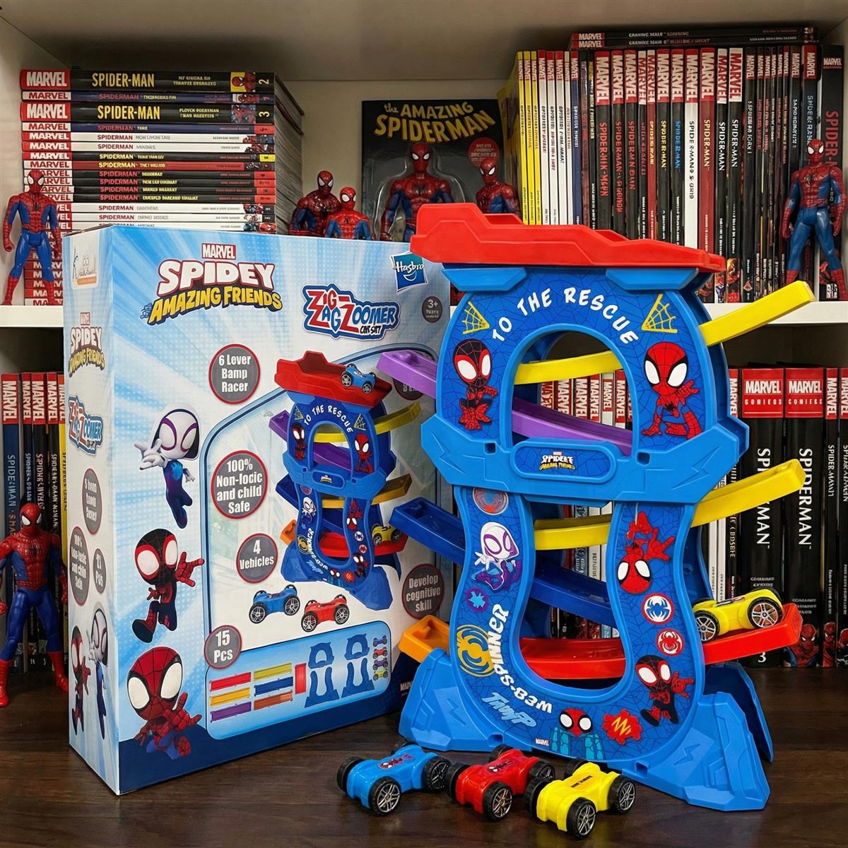 Zig Zag Zoomer Spiderman Ramp Racer Car Set for Kids 3+ Years - 6-Level Zig-Zag Racing Track with 4 Vehicles - 16 Pcs Battery Operated Educational Toy - Non-Toxic Blue Car Playset