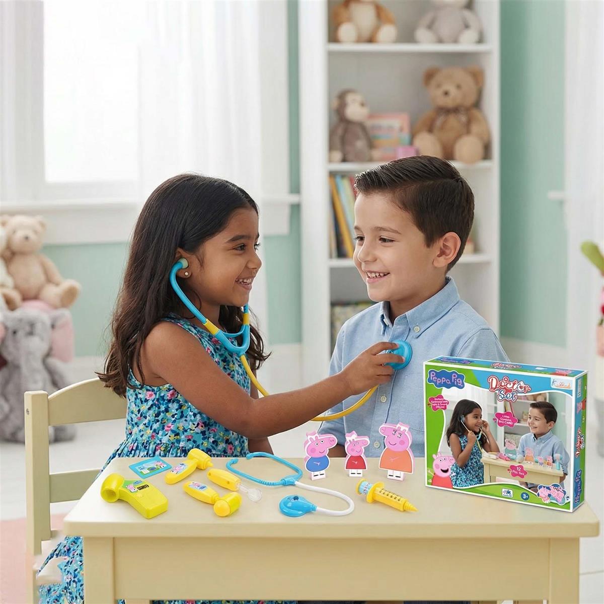 Kriiddaank Peppa Pig Medical Playset with 2D Family Figures, Doctor Kit for Kids Ages 3+, 12 Pcs Toy Set with Stethoscope, Lights & Sound Effects, Educational Pretend Play for Toddlers