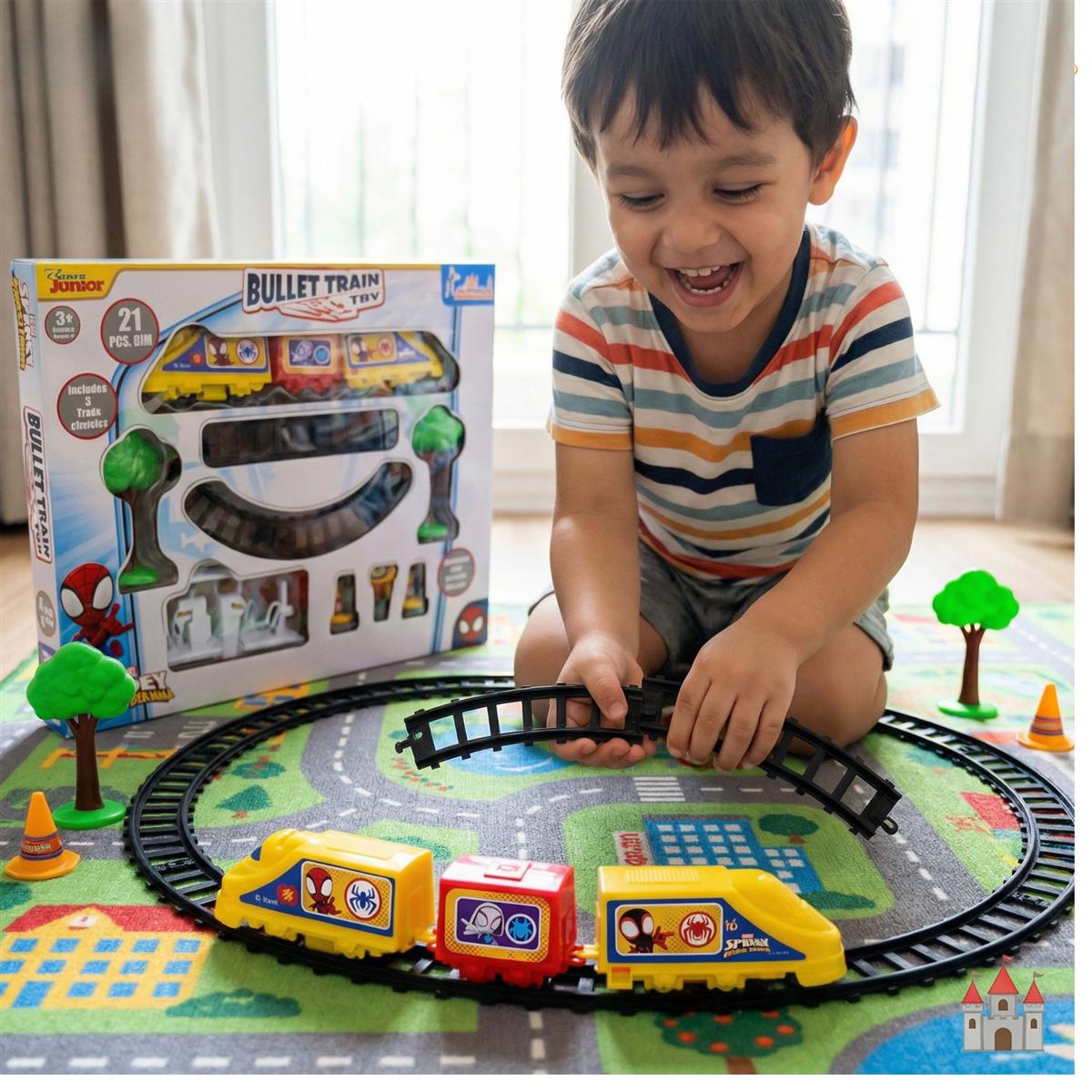Kriiddaank Spiderman Bullet Train Set for Kids (Big) - 21 Pcs Easy-to-Assemble Tracks with Sound Effects - Educational Toy for Developing Motor Skills - Battery Operated Railway Set for Ages 3+