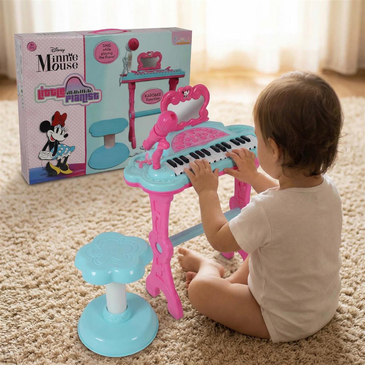 Minnie Mouse Little Pianist Keyboard for Girls â€“ Musical Toy with Microphone, Stool & Dress-Up Accessories â€“ 25 Inbuilt Tunes, Karaoke Mode, Battery/USB Powered â€“ Educational Gift for Kids 3+ Years