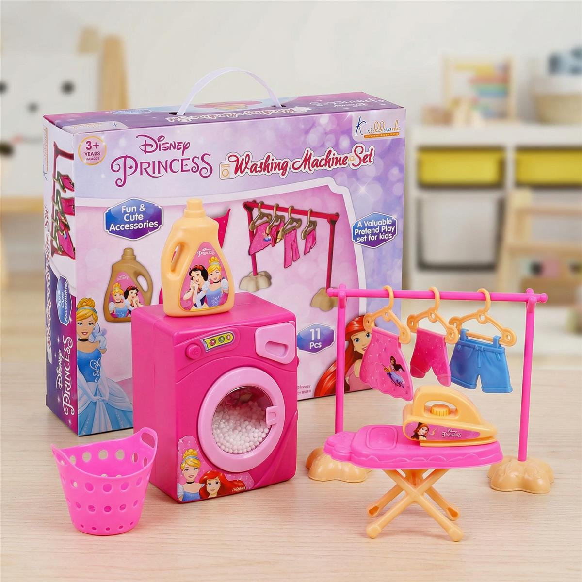 Kriiddaank Disney Princess Theme Washing Machine Toy for Toddlers, 15-Piece Pretend Play Laundry Set with Ironing Table & Accessories, Musical Interactive Toy for Kids 3+ Years (Pink)