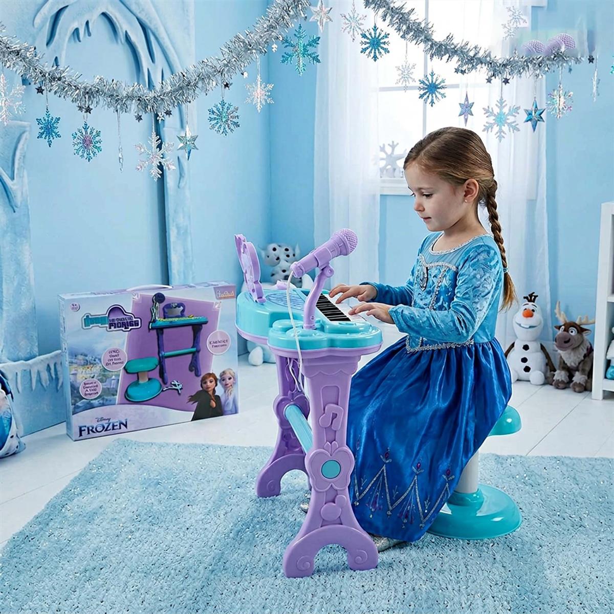 Frozen-Themed Little Pianist Keyboard with Microphone & Stool - 25 Built-in Tunes, Karaoke Function, MP3 Connectivity - Educational Musical Toy for Girls & Toddlers Age 3+ (Turkish Blue)