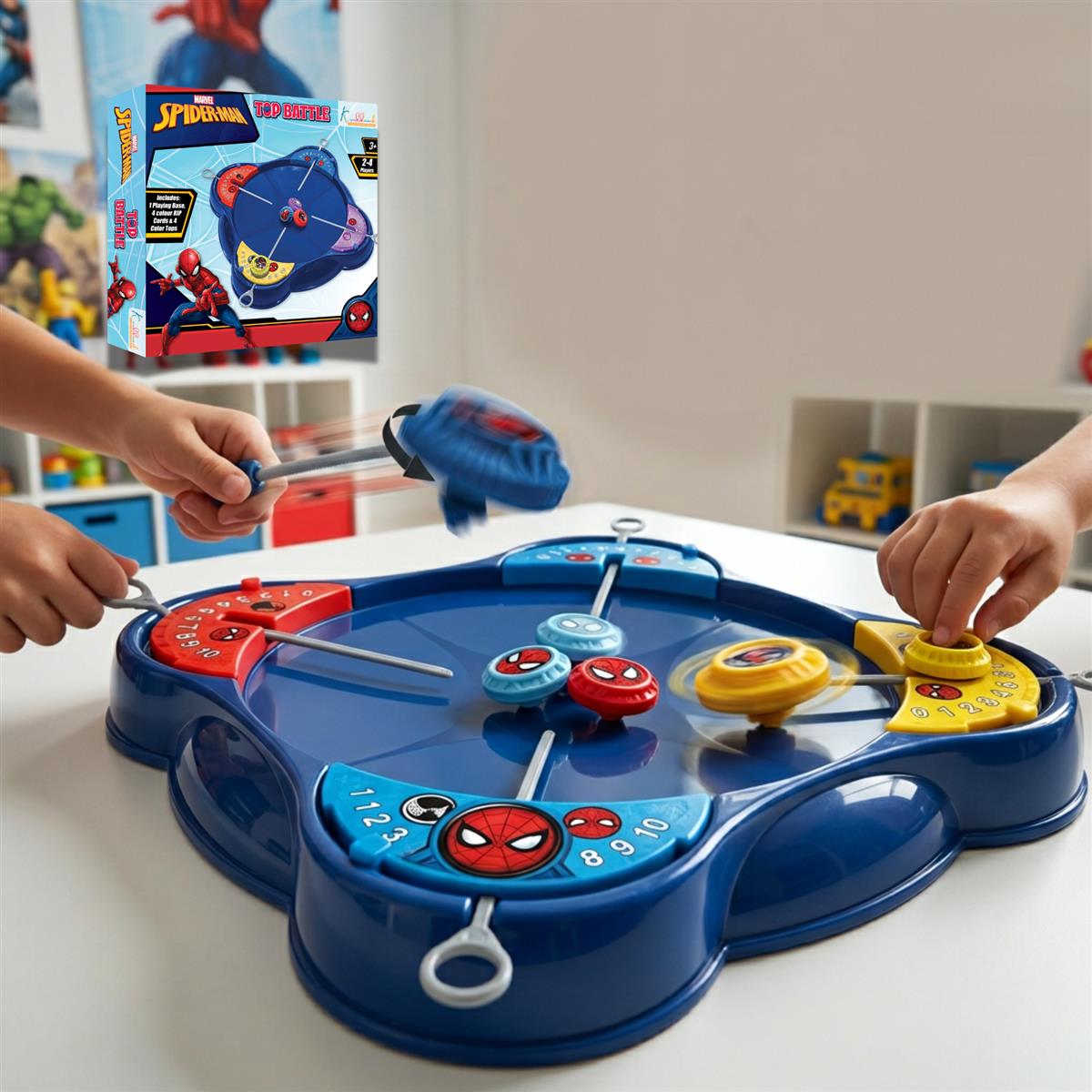 Kriiddaank Spiderman-Inspired Spinning Top Set - 5-Piece Battling Toy for Kids 5+, Includes Arena Base, 4 Rip Cords & 4 Color Tops, Action-Packed Multiplayer Fun for Boys & Girls