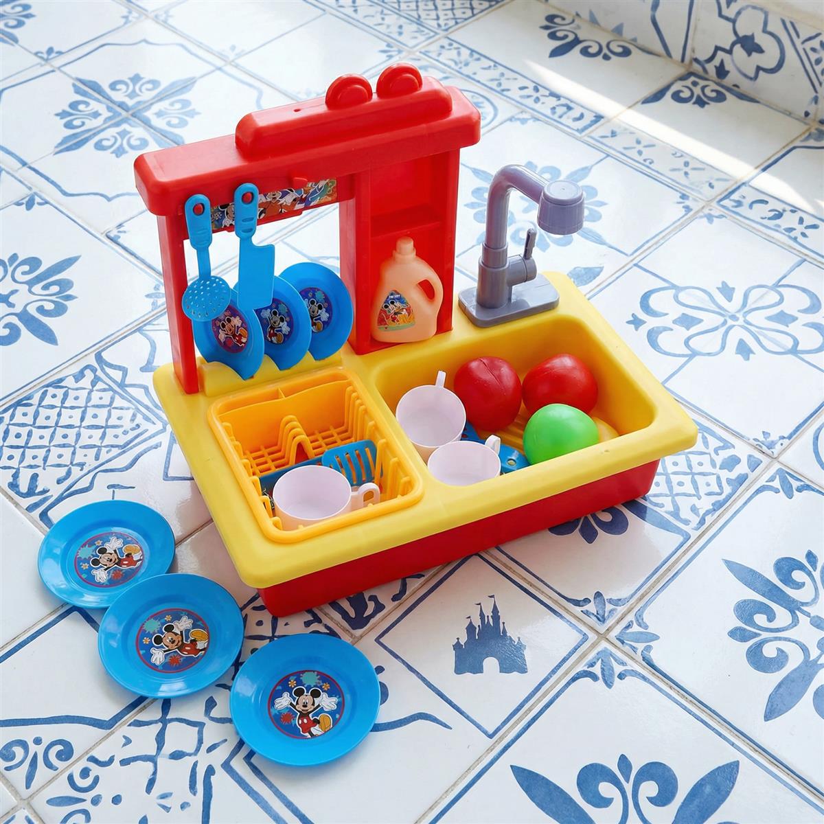 Kriiddaank Mickey Toy Kitchen Sink - 22 Pc Pretend Play Kitchen Set with Electric Running Water Faucet, Automatic Water Recycling System & Dishes - Disney Mickey Theme Role Play Toy for Kids 3+