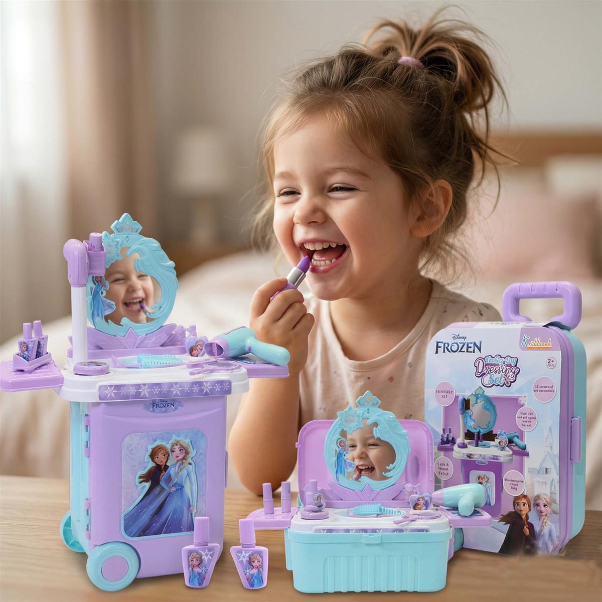 Kriiddaank Frozen Dressing Set for Girls - Elsa & Anna Pretend Play Beauty Makeup Kit with Trolley, Lights & Music, 15 Pcs Educational Styling Toy for Kids Age 3+, Turkish Blue