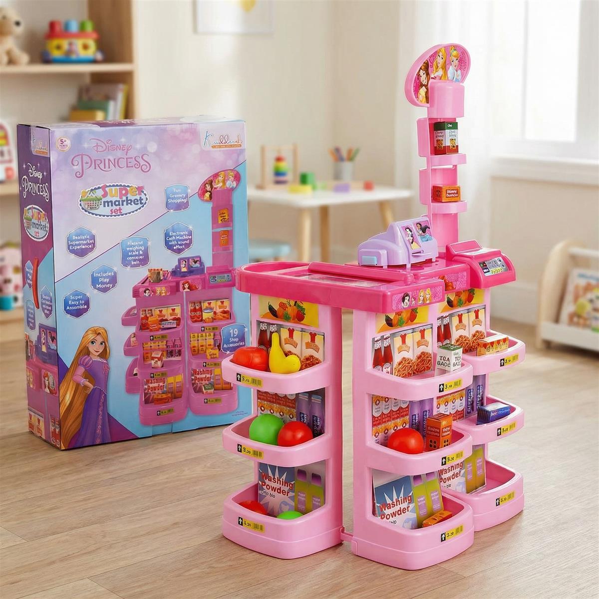 Disney Princess Theme Supermarket Set for Girls 5+ Years - Interactive Cash Register with Scanner, Sound & Music, Conveyor Belt & 19 Grocery Accessories - Pink Pretend Play Grocery Store Toy
