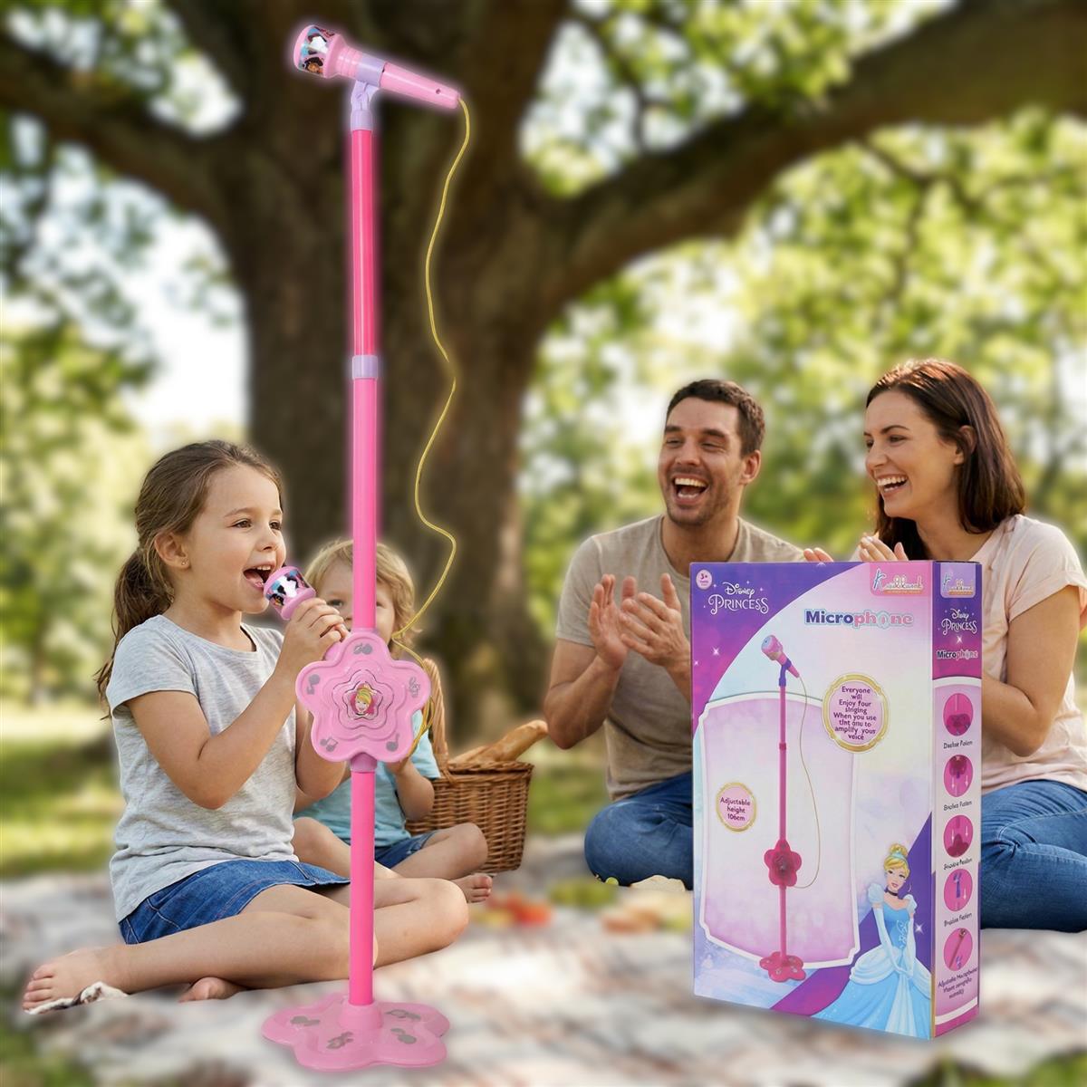 Disney Princess Portable Karaoke Microphone for Kids with Adjustable Stand (Up to 106cm) - Pink Wireless Musical Toy for Girls, Bluetooth & USB Connectivity, Ages 3+