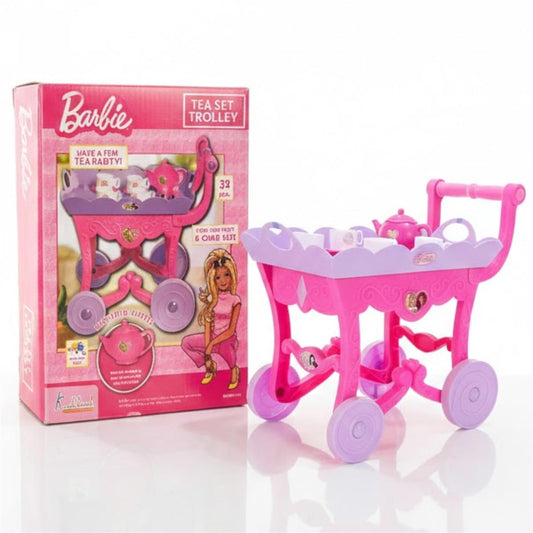 Barbie 32 Pieces Tea Set Trolley for Kids 3Y+ with Music and Sounds, Pink Pretend Play Kitchen Toy Set, Safe & Non-Toxic Musical Tea Party Playset, Ideal Birthday Gift for Girls