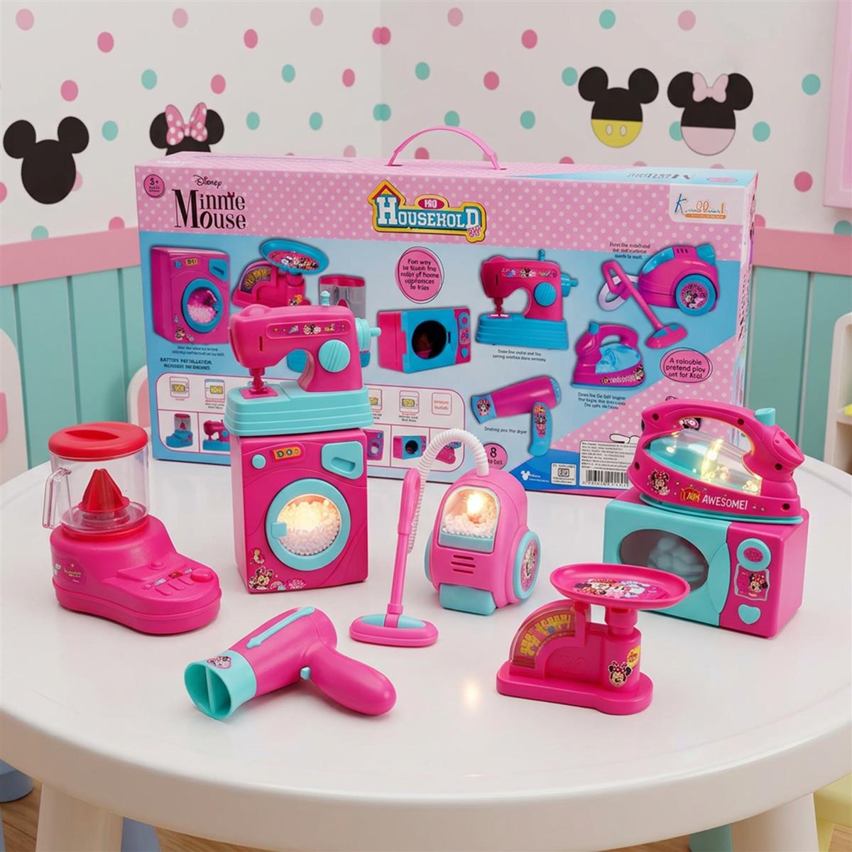 Minnie Mini Household Set (6pcs) - Battery Operated Hair Dryer, Vacuum Cleaner, Washing Machine, Iron, Sewing Machine & Fan - Educational Pretend Play Toy for Girls, Safe & Interactive Pink Toy Set