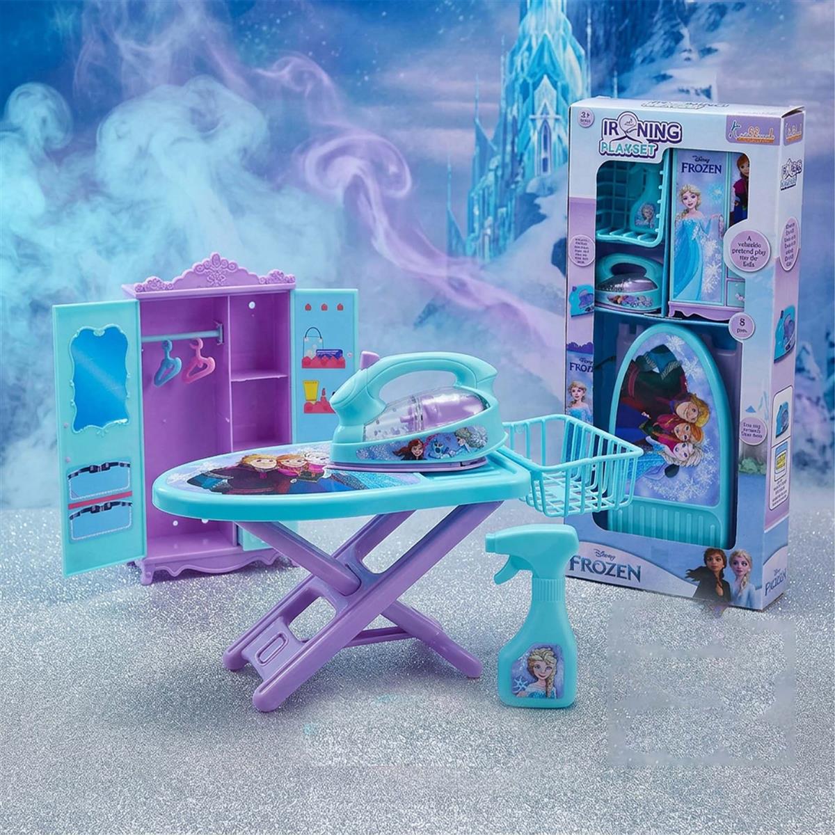 Frozen Portable Iron Playset with Elsa & Anna - 8-Piece Ironing Toy Set with Realistic Light, Sound & Accessories - Educational Pretend Play Household Toy for Kids & Toddlers 3+