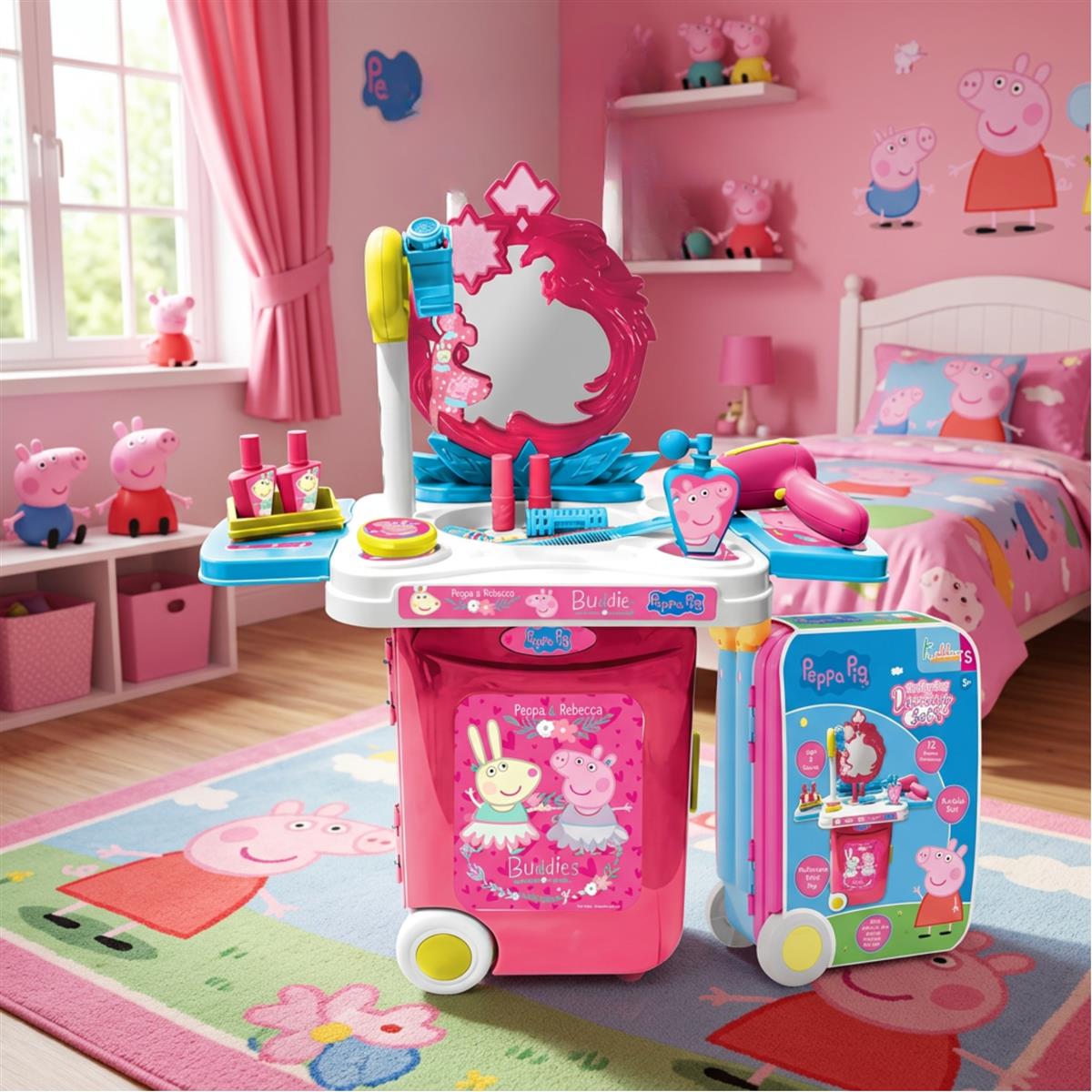 Kriiddaank Peppa Pig Dressing Set & Makeup Trolley Kit for Girls, 15 Pcs Pretend Play Beauty Set with Music & Lights, Educational Role Play Toy for Kids 3+ Years (Pink)