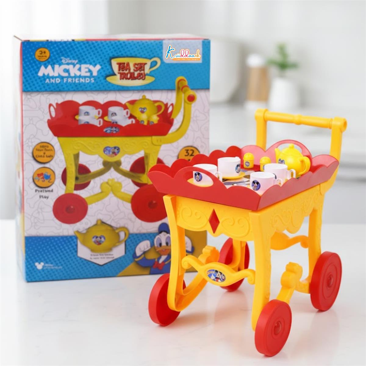 Mickey Tea Trolley - 32 Pcs Disney Character Pretend Play Tea Set for Kids with Lights, Sounds, Electronic Kettle & Saucers, Fun Educational Kitchen Toy for Boys & Girls Age 3+, Red