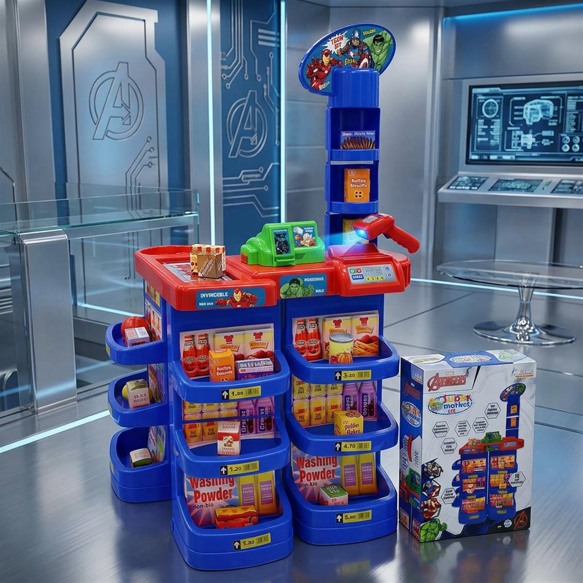 Marvel Avengers Supermarket Play Set for Kids - Electronic Cash Register with Sound, Checkout Counter, Shopping Cart & 20 Accessories | Realistic Grocery Role Play Toy for Kids Ages 5+