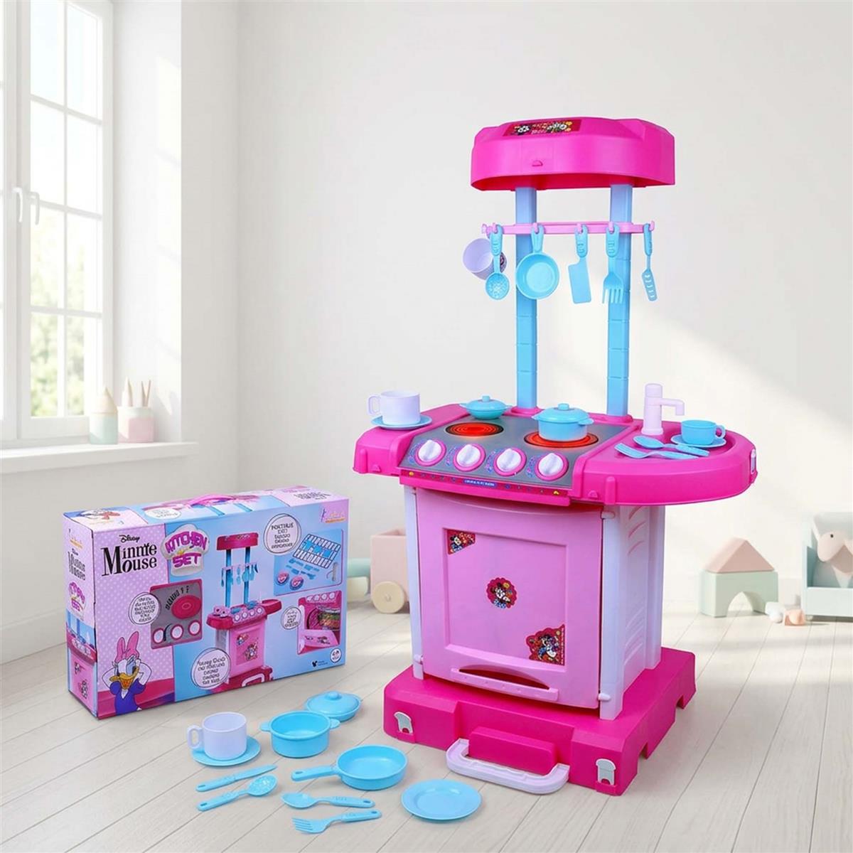 Kriiddaank Minnie Themed Kitchen Set for Kids - Disney Pretend Play Cooking Toy with Lights & Sound, Oven, Gas Stove, Sink & 18 Accessories, Pink Kitchen Playset for Girls 3+ Years