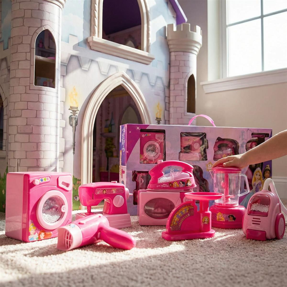 Disney Princess 8-Piece Household Role Play Toy Set - Kids Pretend Play Home Appliances with Vacuum, Washer, Microwave & Iron - Battery Operated with Lights - Pink Educational Gift for Girls Ages 3+