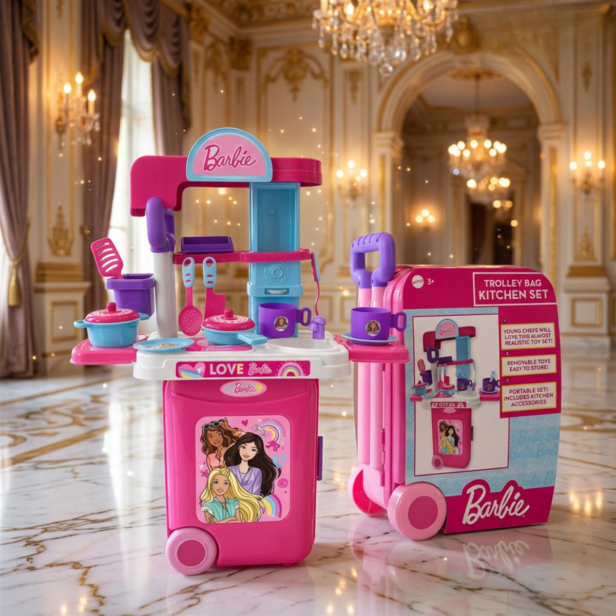 Kriiddaank Mattel Barbie Kitchen Set - Portable 2-in-1 Trolley Playset with Lights, Sound & 20 Accessories for Girls - Realistic Cooking & Baking Toy Gift for Kids 3+ Years