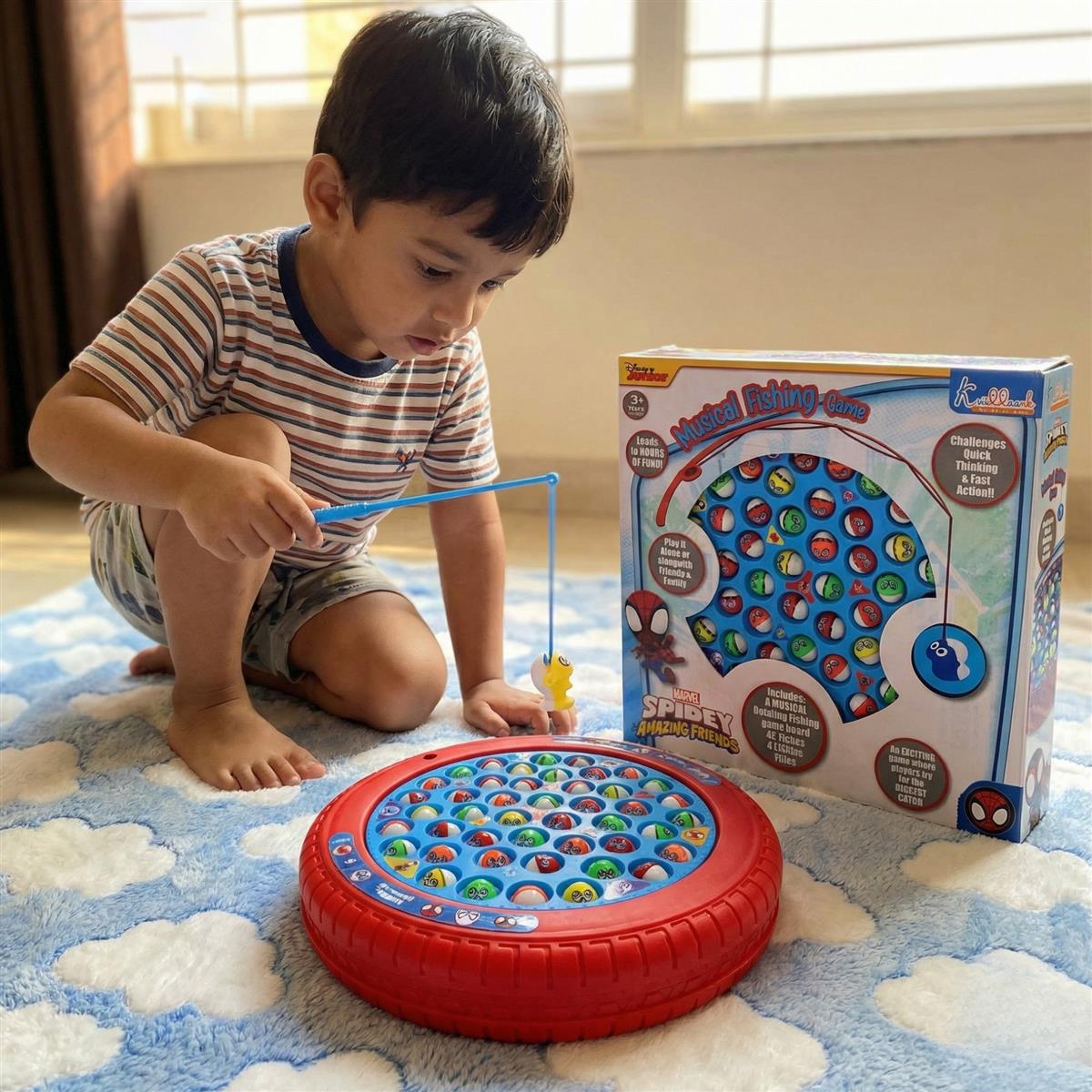 Kriiddaank Spiderman Theme Musical Rotating Fishing Game for Kids - Battery Operated Learning Toy with 45 Fishes & 4 Fishing Poles - Fun Interactive Educational Game for Boys & Girls, Age 3+