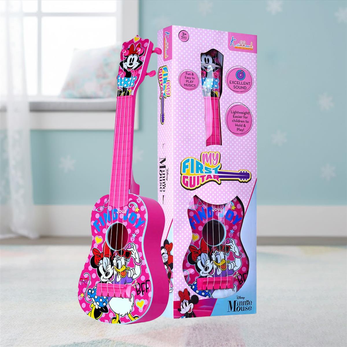 Minnie Guitar (Big) - 4-String Musical Toy for Kids with Adjustable Tension, Fingerstyle Tab & Pick - Portable Pink Guitar for Girls 3+ Years - Fun Educational Disney Themed Birthday Gift