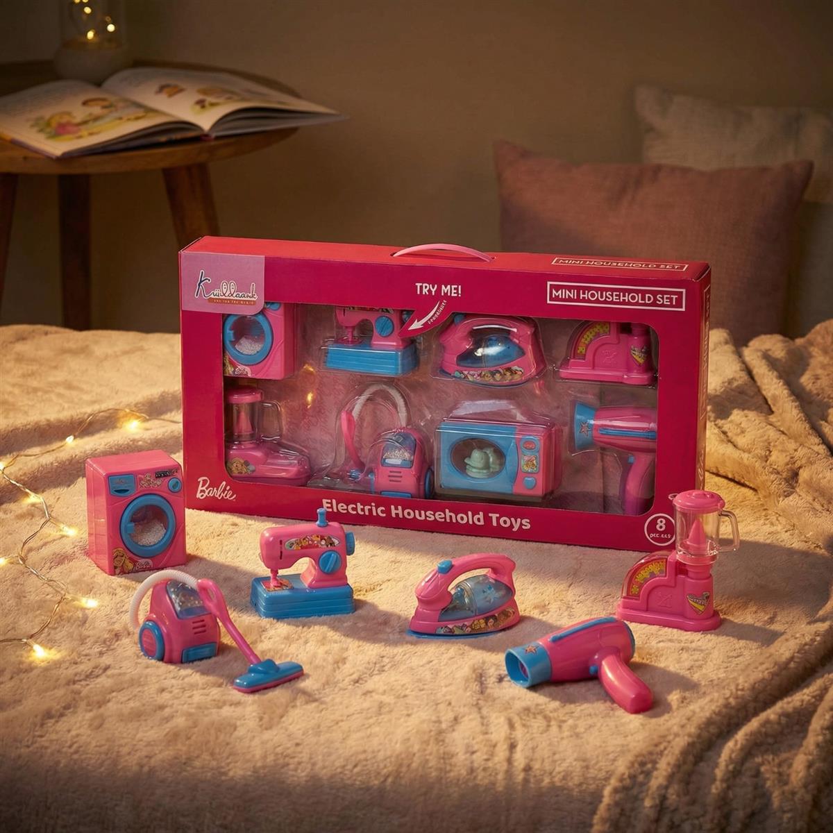 Mattel Barbie Theme Household Role Play Set (8pc) - Mini Toy Appliances with Washing Machine, Microwave & Vacuum Cleaner | Fun Educational Gift for Kids Ages 3+ | Signature Pink Collection