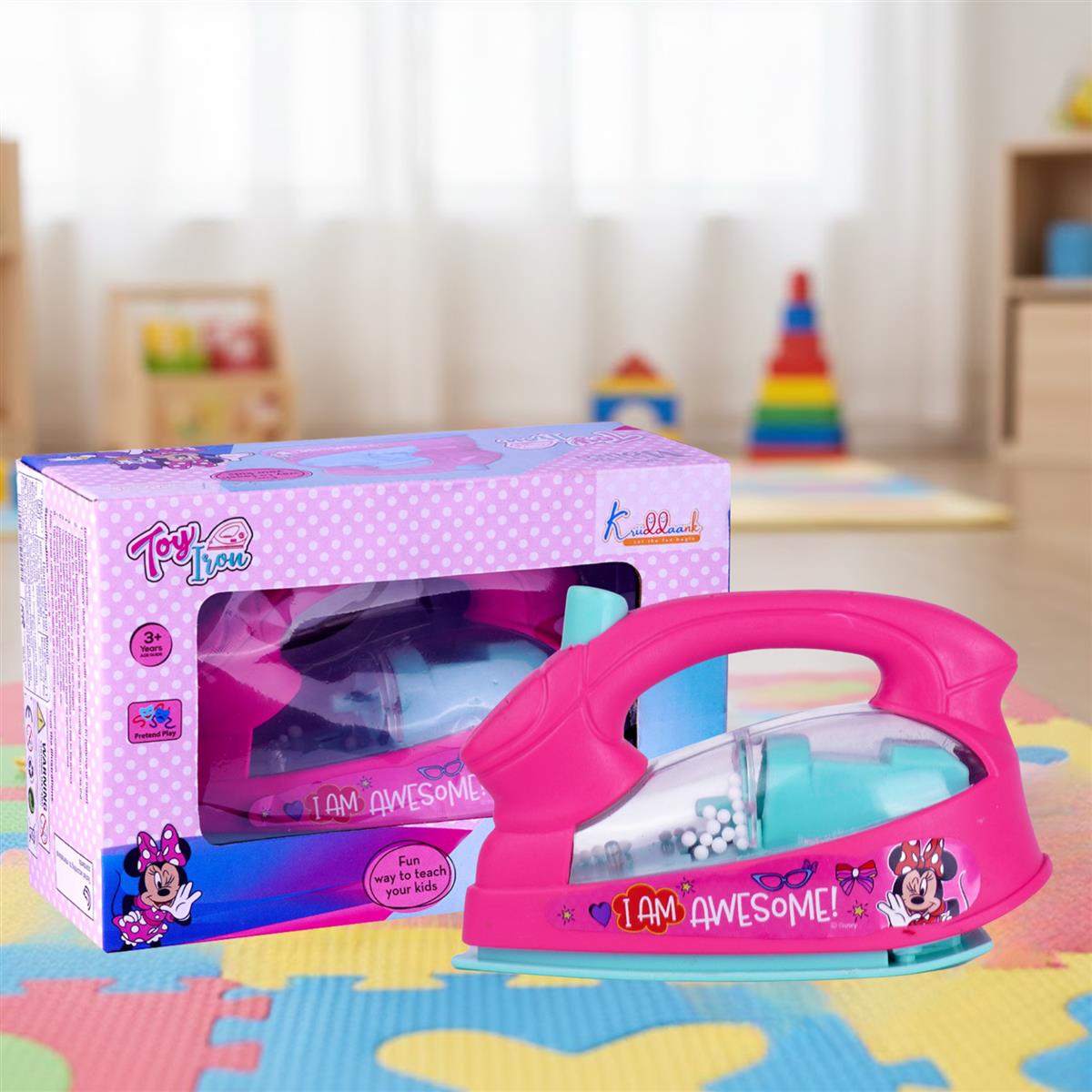 Kriiddaank Minnie Mouse Theme Press Iron Toy for Kids with Interactive Lights & Moving Beads, Fun Educational Pretend Play Household Toy for Toddlers & Girls 3+ Years (Pink)