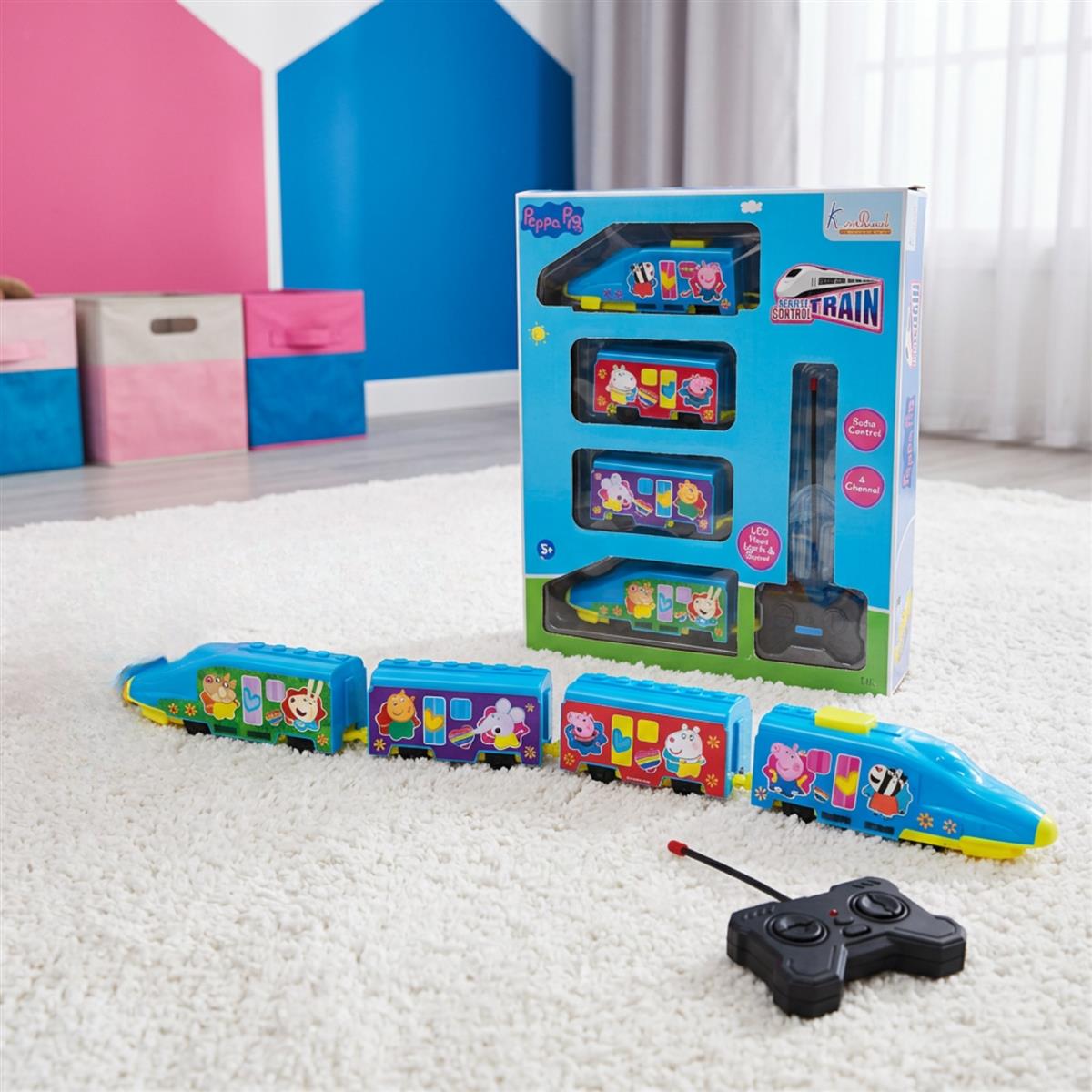 Kriiddaank Peppa Pig Theme RC Train Toy for Kids, Remote Control Express Train with Lights and Sounds, Rechargeable EMU Model Train for Boys & Girls Ages 3+, Light Blue