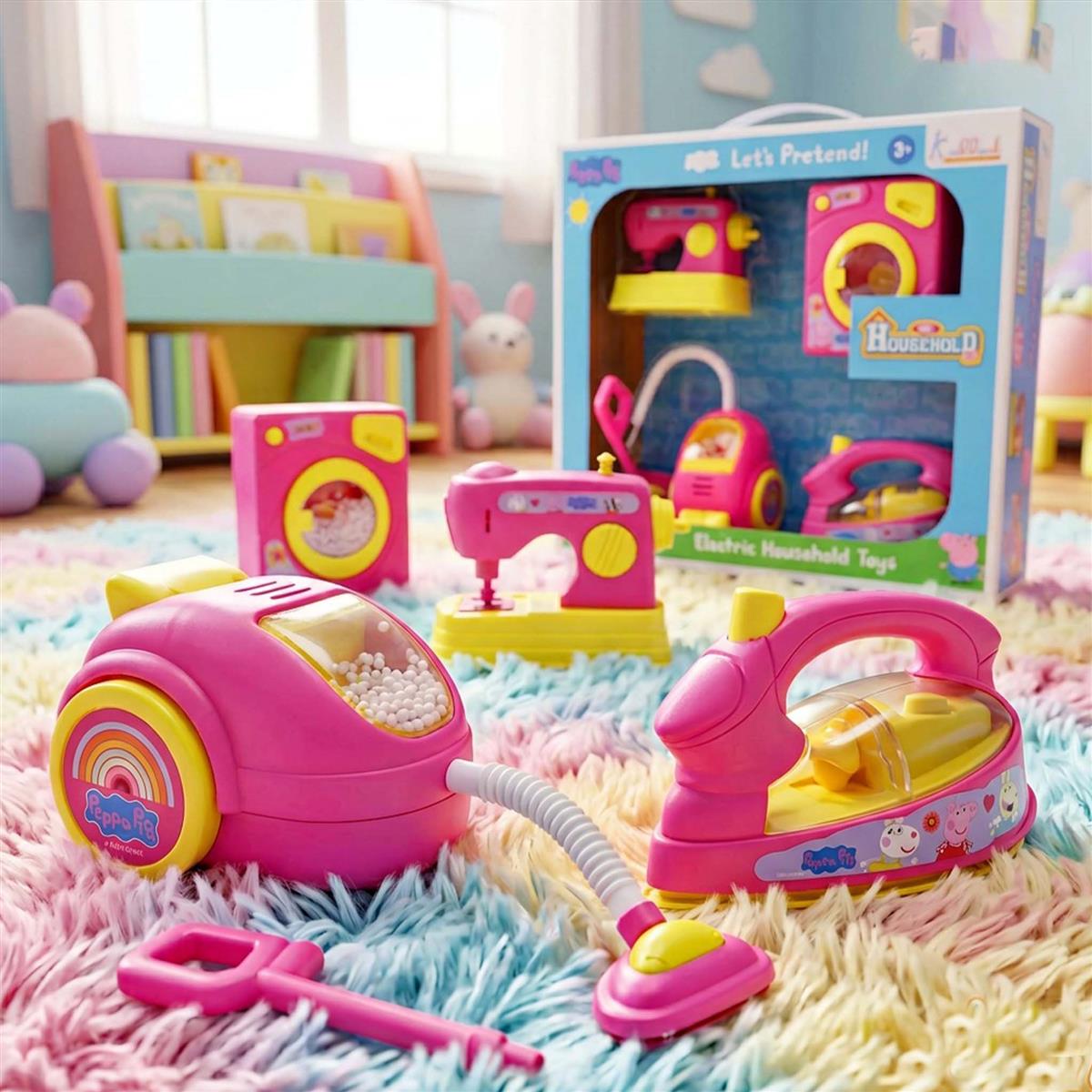 Hasbro Peppa Pig Theme Household 4-Piece Role Play Set - Toy Washing Machine, Vacuum Cleaner, Iron & Hair Dryer with Lights - Educational Pretend Play Gift for Kids Ages 3+