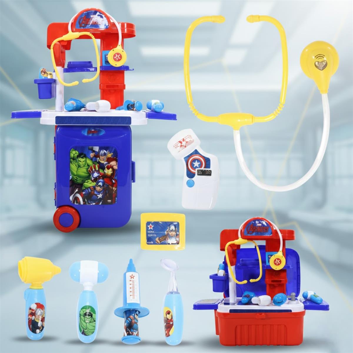 Kriiddaank Marvel Avengers Doctor Set, Portable Medical Trolley for Kids with Stethoscope & Light Effects, 9-Piece Heroic Educational Toy Play Set for Kids Aged 3+, Safe & Engaging Role Play Kit