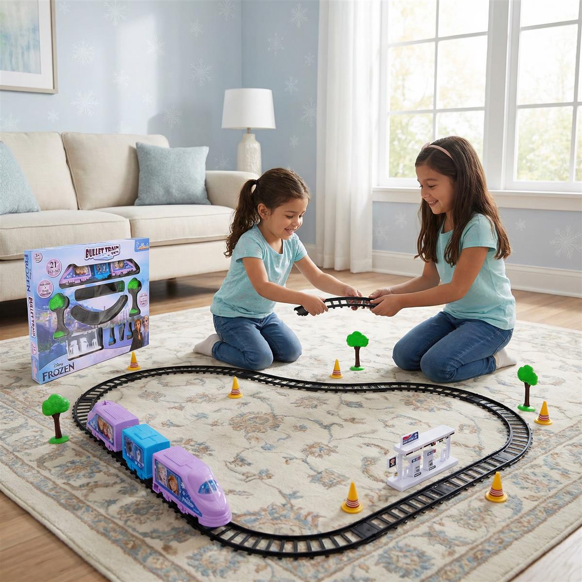 Kriiddaank Frozen Theme Train Set - Anna, Elsa & Olaf Miniature 11-Piece Interactive Playset with Sound Effects, Easy-to-Assemble Tracks & Battery Operated Engine for Kids Ages 3+