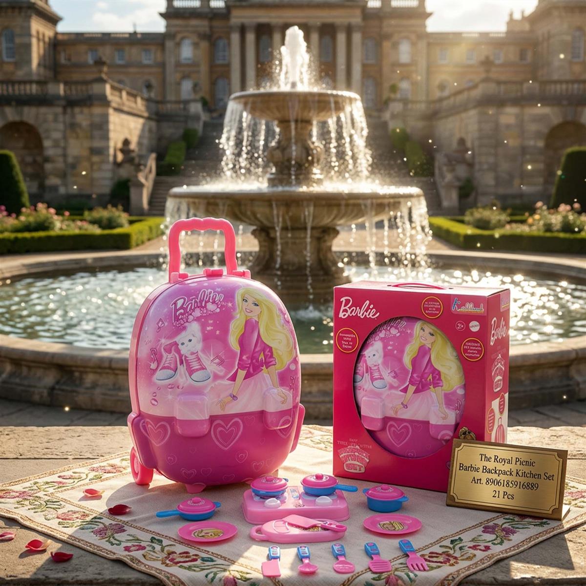 Barbie Backpack Kitchen Set - 21 Piece Pink Portable Cooking Toy Set for Kids 3+ Years - Travel-Friendly Pretend Play Kitchen with Music and Accessories - Non-Electric Role Play Gift for Girls