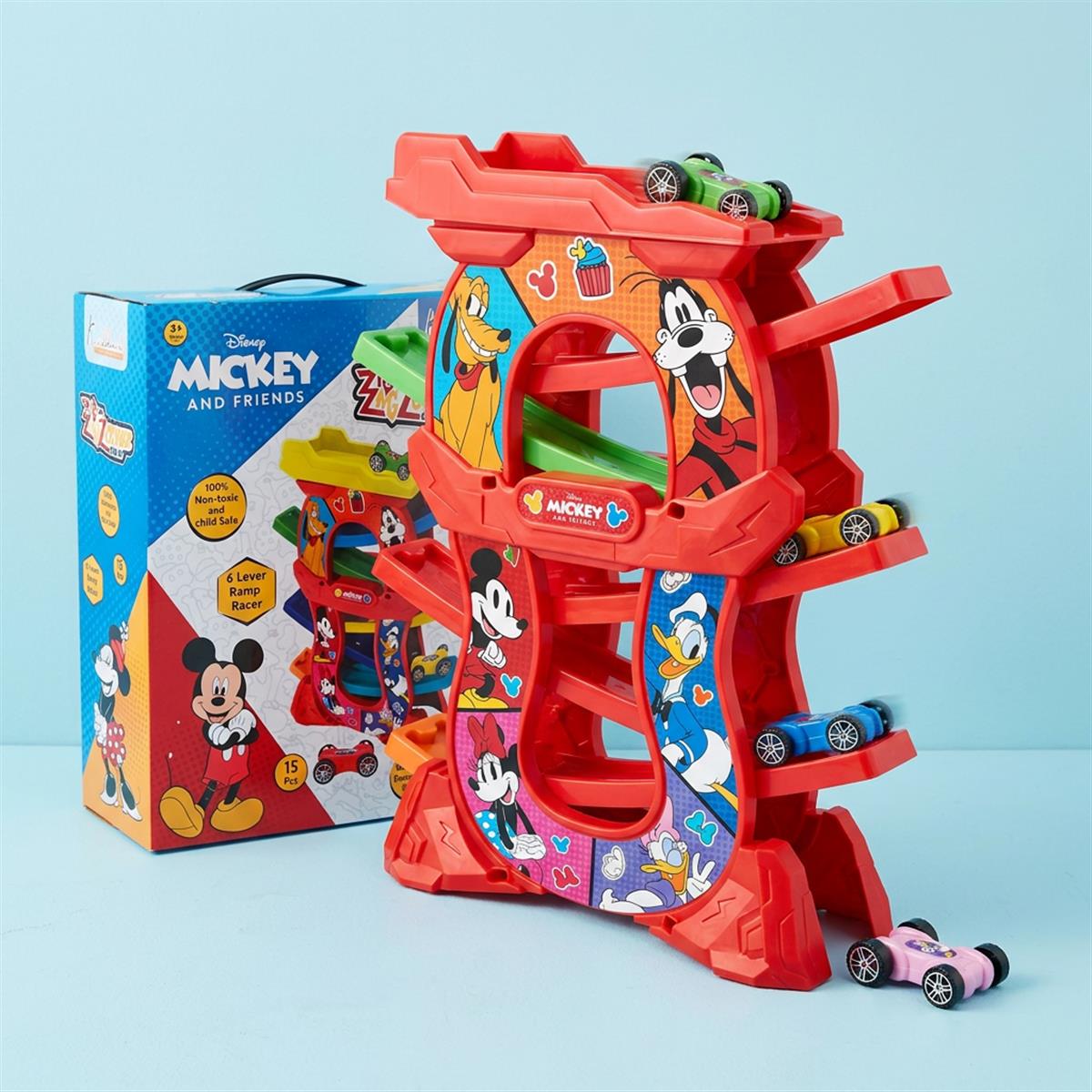 Mickey Zig Zag Zoomer Ramp Racer Car Track for Toddlers | 6-Level Lever Race Set with 4 Mini Vehicles | 15 Piece Educational Toy for Kids 3+ | Non-Toxic Mickey Mouse Themed Play Set