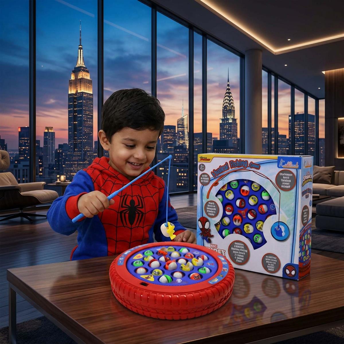 Spiderman Musical Rotating Fishing Game for Kids - Underwater Adventure Theme | Battery Operated Interactive Toy with 21 Fishes & 4 Poles | Fun Educational Game for Boys & Girls Age 3+ Years