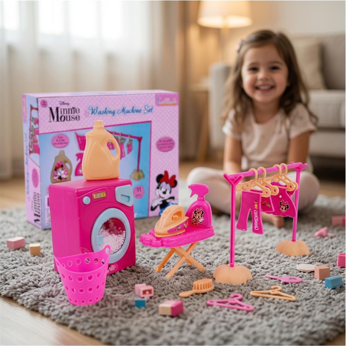 Kriiddaank Minnie Theme Washing Machine Toy - 15-Piece Interactive Pretend Play Laundry Set with Music, Ironing Board & Accessories - Pink Educational Disney Magic Gift for Toddlers Ages 3+