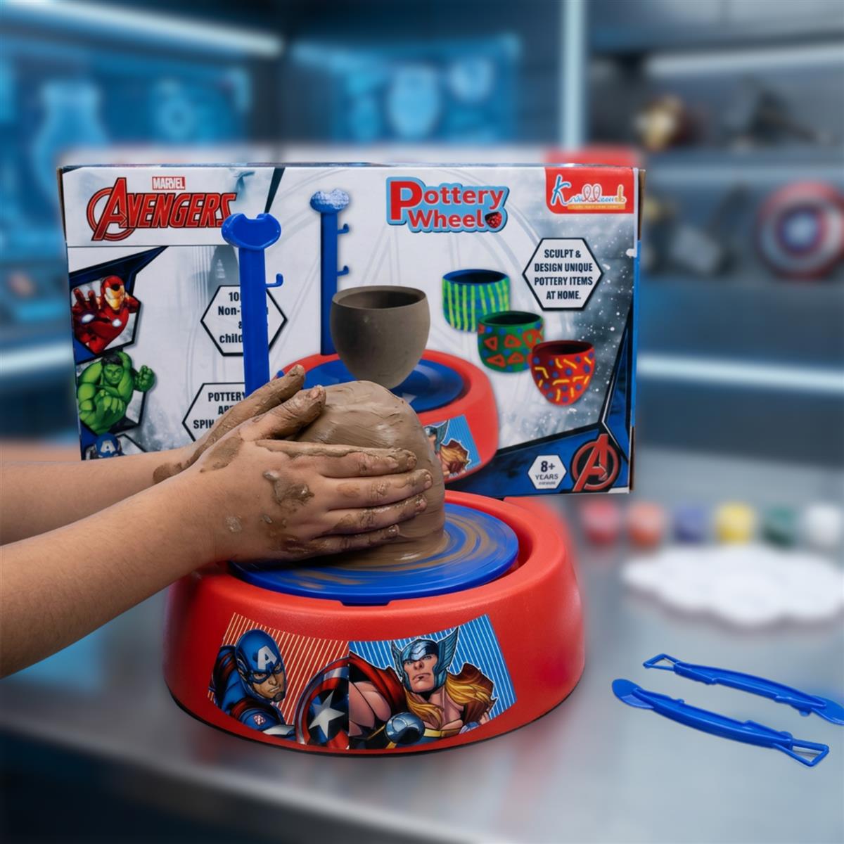 Marvel Avengers Theme Pottery Wheel - Superhero Clay Art & Craft Kit for Kids 8+ | DIY Pottery Studio with 800g Clay, Paints & Tools | Educational & Creative Birthday Gift | Non-Toxic & Safe