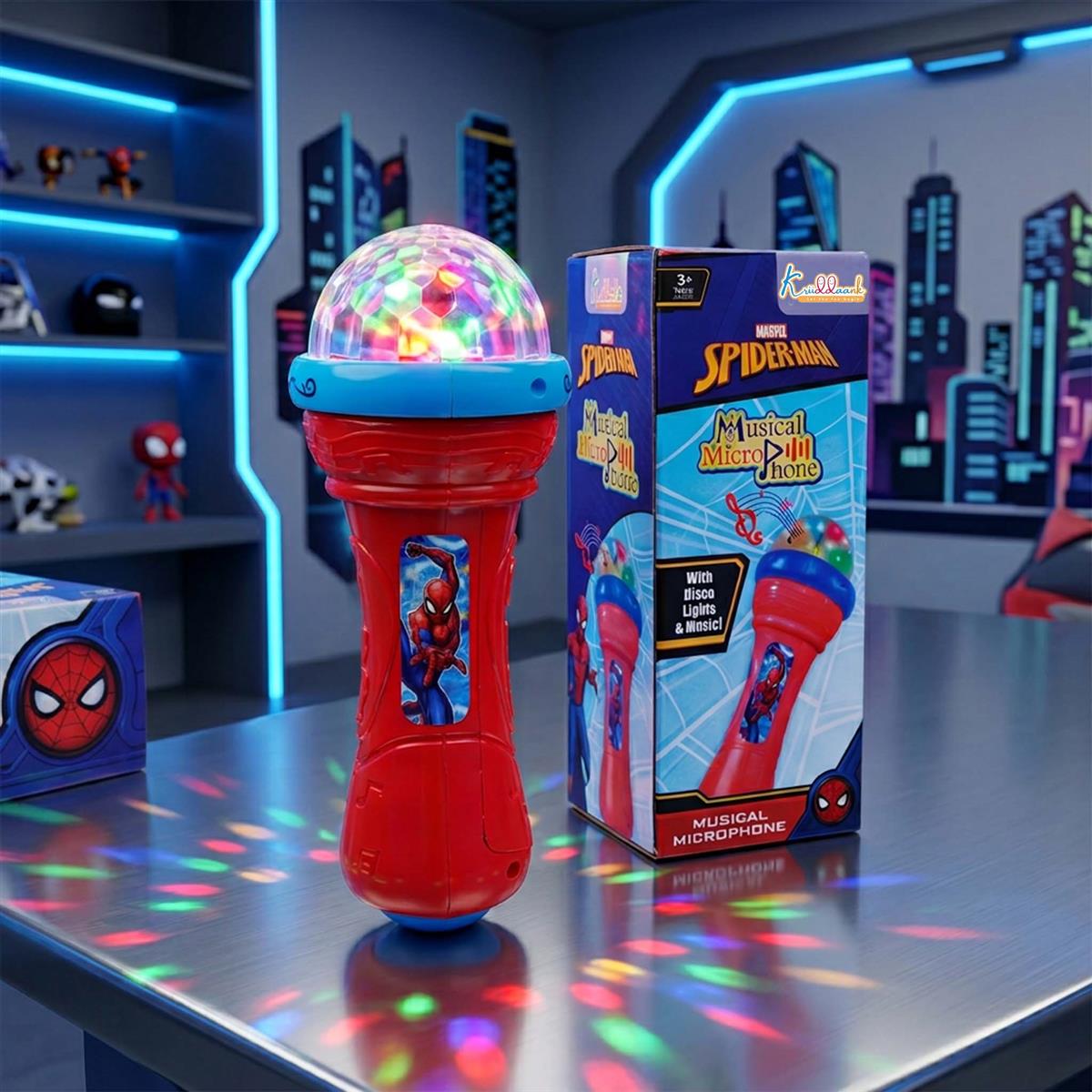 Kriiddaank Spiderman Musical Karaoke Microphone for Kids with Rotating Disco Lights & Projector - Educational Musical Toy for Boys & Girls 3+ Years, Sound Effects, Battery Operated, Blue