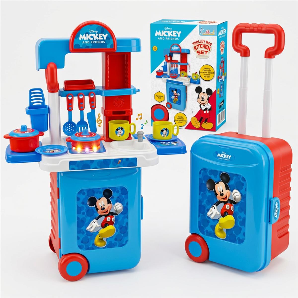 Kriiddaank Disney Mickey Kitchen Set with Trolley - 20 Pcs Pretend Play Cooking Set for Kids with Light & Sound, 2-in-1 Portable Role Play Kitchen Toy for Toddlers 3+ Years (Red)