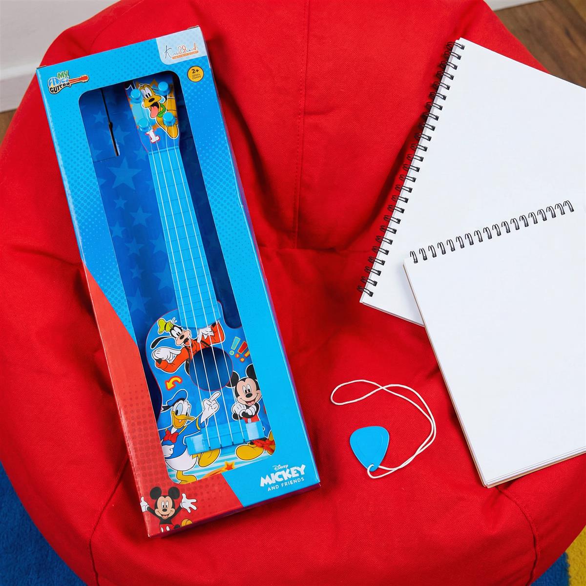 Disney Mickey Mouse Small Guitar for Kids - 4 String Toy Musical Instrument with Adjustable Tension, Fingerstyle Tab & Pick - Portable, Safe & Educational Gift for Boys & Girls Ages 3+