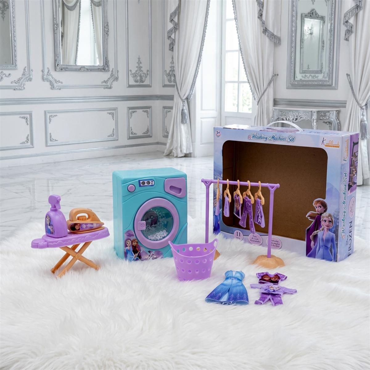 Kriiddaank Frozen Theme Washing Machine Toy Set for Kids - 11-Piece Interactive Disney Magic Home Appliances Pretend Play for Toddlers - Music & Educational Role Play Laundry Set - Ages 3+