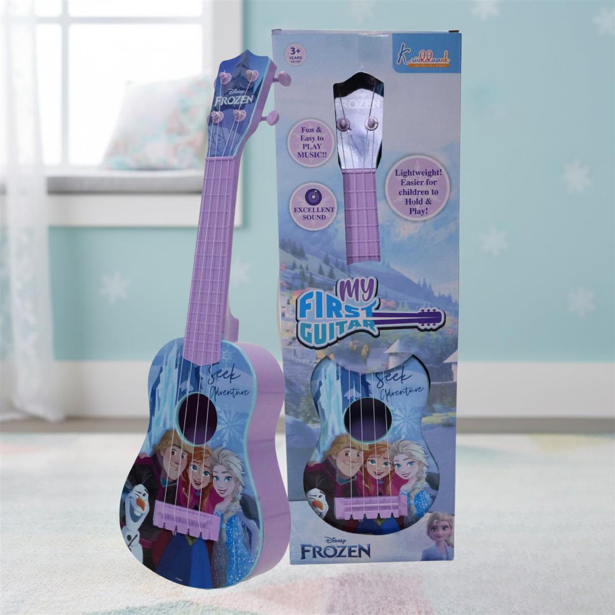 Frozen Elsa & Anna Big Toy Guitar for Girls - 4-String Adjustable Acoustic Musical Instrument with Pick - Lightweight & Portable Educational Toy for Kids Age 3+ Years, Turkish Blue